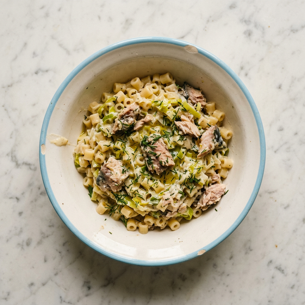 Makrelen-Nudeln mit Lauch und Dill